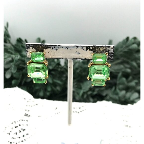 Emerald Cut Green Gemstone Stud Earrings With Gold Plated Setting - Picture 4 of 5